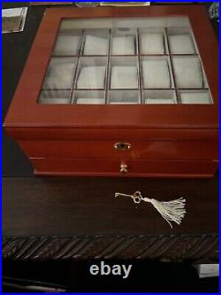 15 Slots Watch Display Case Cherry Wood Organizer Top Glass with Drawer & Key