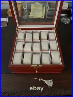 15 Slots Watch Display Case Cherry Wood Organizer Top Glass with Drawer & Key