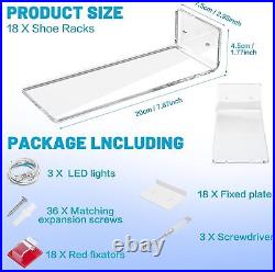18 Floating Shoe Display Shelves, Clear Acrylic, Glow Color Changing, Wall Mount