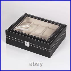 1x Black Synthetic Leather Watch Holder 10 Slots Display Box Lockable Showcase