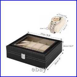 1x Black Synthetic Leather Watch Holder 10 Slots Display Box Lockable Showcase