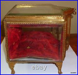 Antique Victorian Tabletop Tiara Crown Velvet Bevel Edge Glass Display Showcase