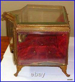 Antique Victorian Tabletop Tiara Crown Velvet Bevel Edge Glass Display Showcase