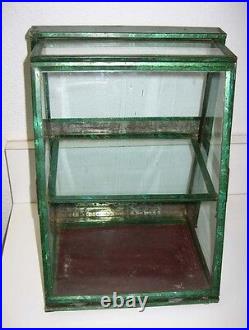 Antique rare small green tin slanted display case Showcase