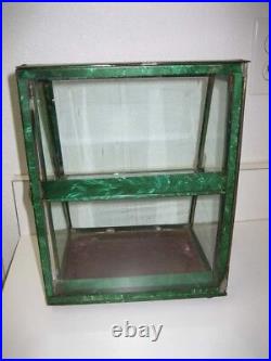 Antique rare small green tin slanted display case Showcase