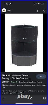 Black Wood Veneer Corner Pentagon Display Case with Tempered Glass Shelves