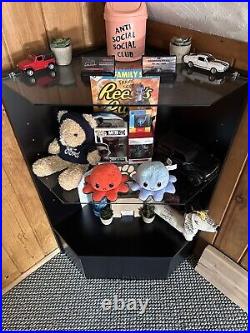 Black Wood Veneer Corner Pentagon Display Case with Tempered Glass Shelves