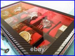For 10 Watches Housing Box Showcase Display Carbon Black Thread Red