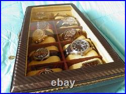 For 10 Watches Housing Box Showcase Display Carbon Brown Thread Yellow