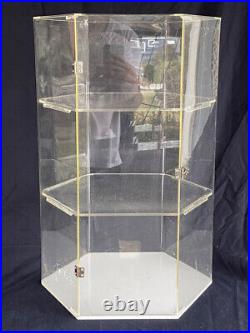 Vintage Hexagonal Display Showcase. 3 Tier Shelf Clear Lucite w Door Cabinet