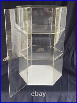 Vintage Hexagonal Display Showcase. 3 Tier Shelf Clear Lucite w Door Cabinet