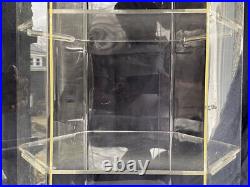 Vintage Hexagonal Display Showcase. 3 Tier Shelf Clear Lucite w Door Cabinet